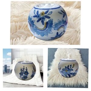 Centrum ~Ceramic Ball Tealight Holders White, Blue with Flowers and Candles 3pcs
